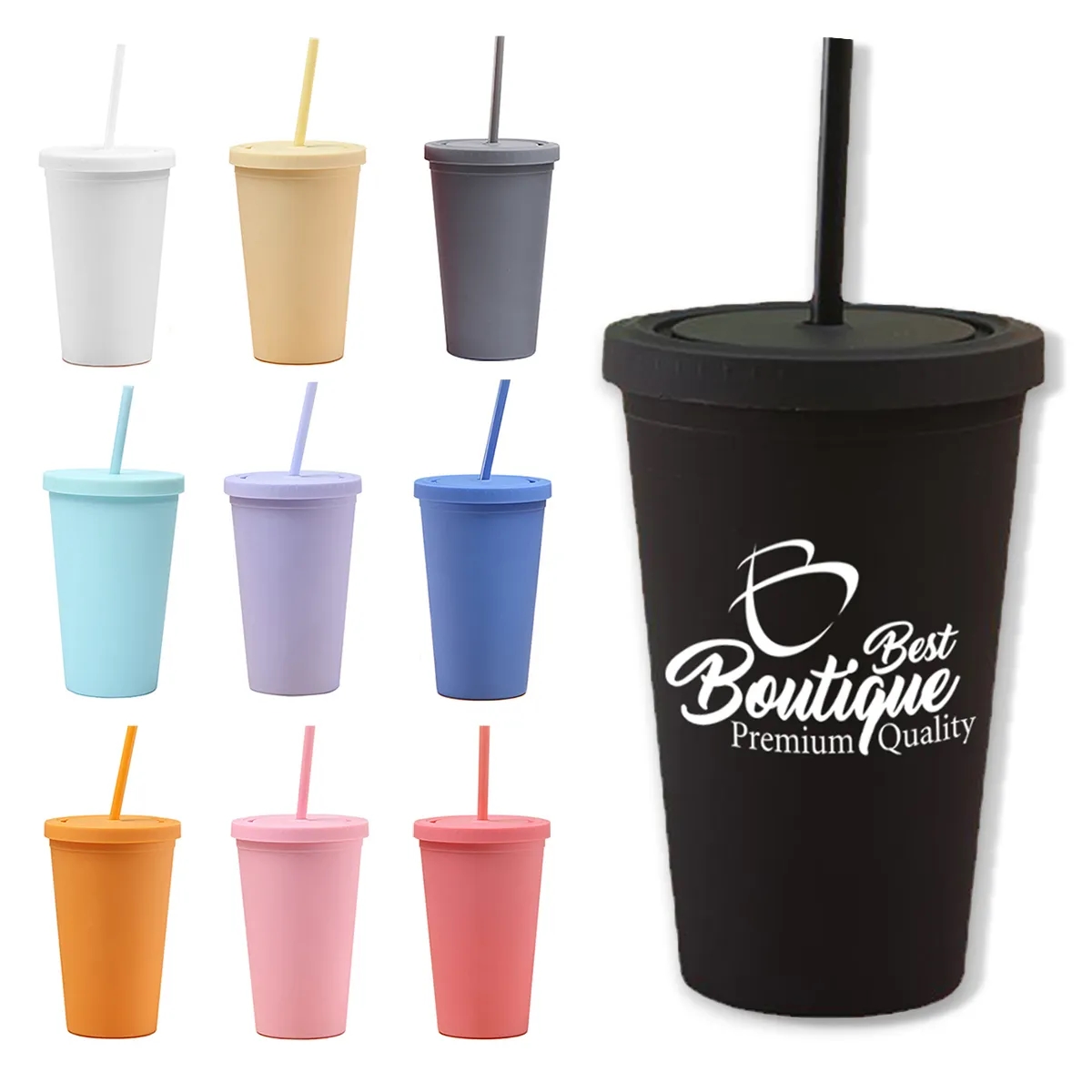 16OZ Reusable Matte Double Wall Plastic Straw Cup With Lid 4