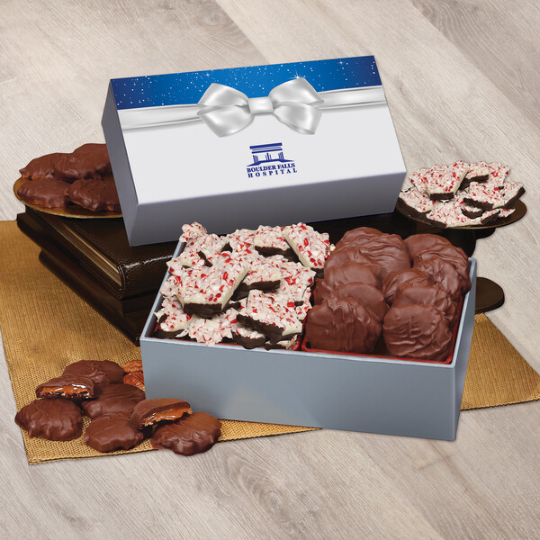 Peppermint Bark & Pecan Clusters in Gift Box with Bow Sleeve
