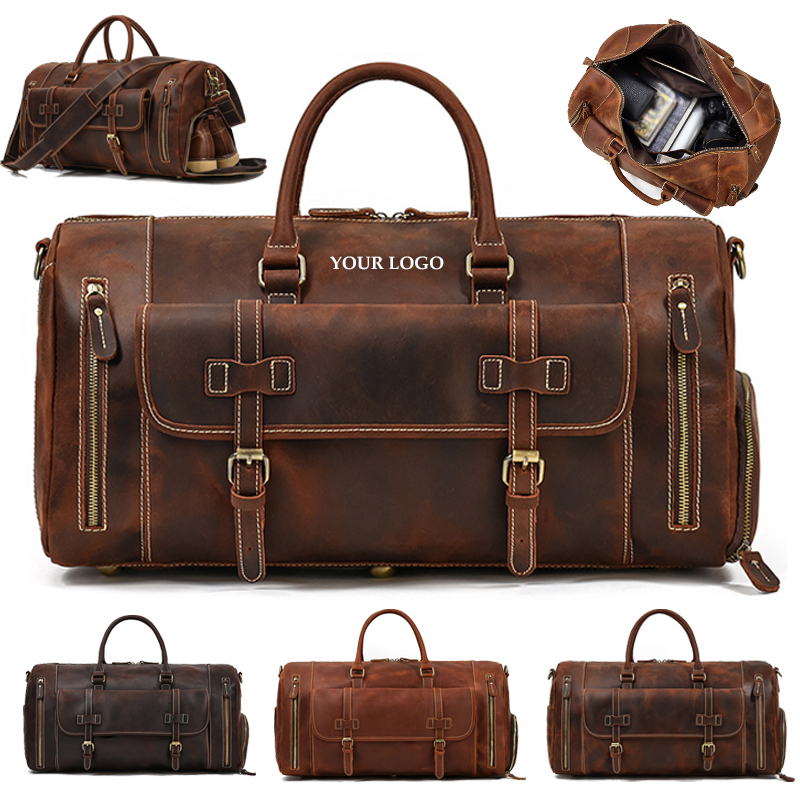Mens Classic Gift Carry on Bag Leather Weekend Bag Full Grain Overnight Luggage YKK Zipper 4