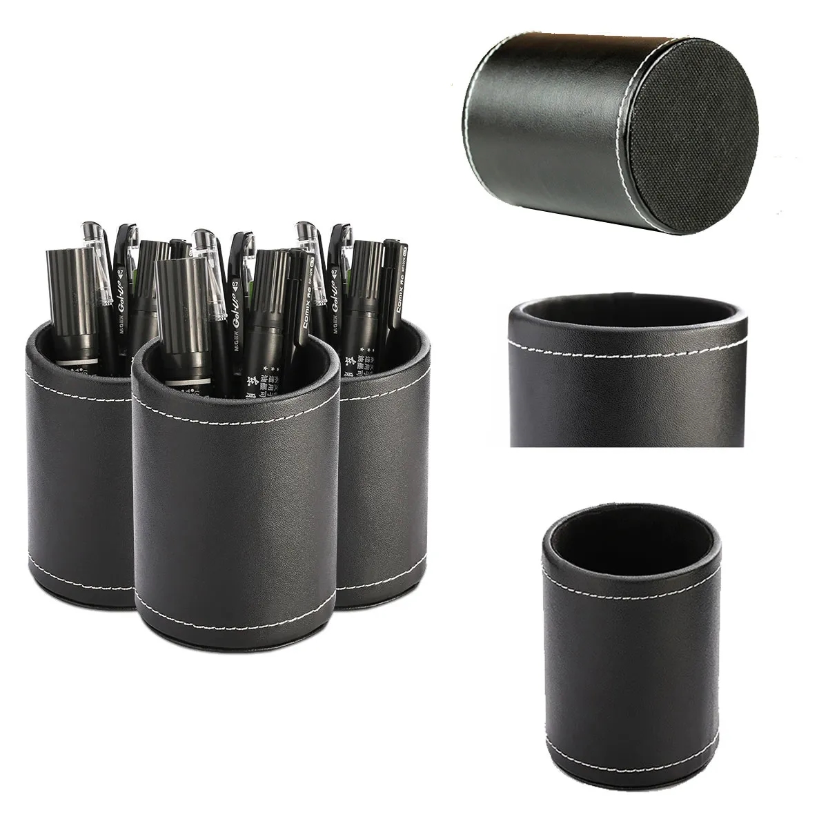 PU Leather Round Pen &Pencil Stationery Stand Desk Organizer 4