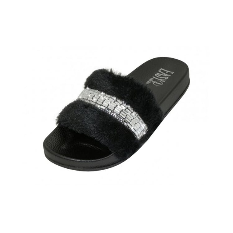 Women's Rhinestone Sandals - Black 6-11 Faux Fur 1