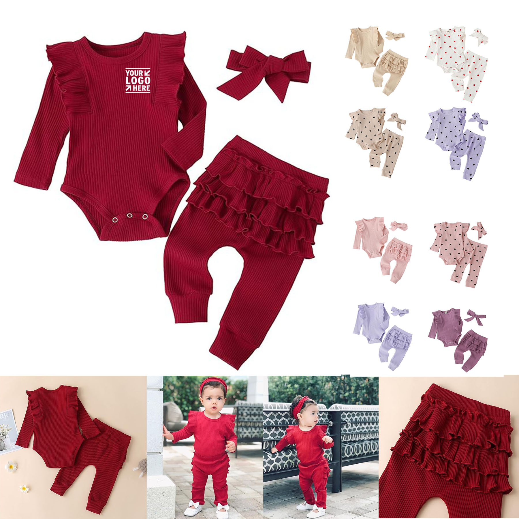 3Pc Soft Cozy Baby Girl's Rib Frill Long Sleeve Romper Pant Set 2