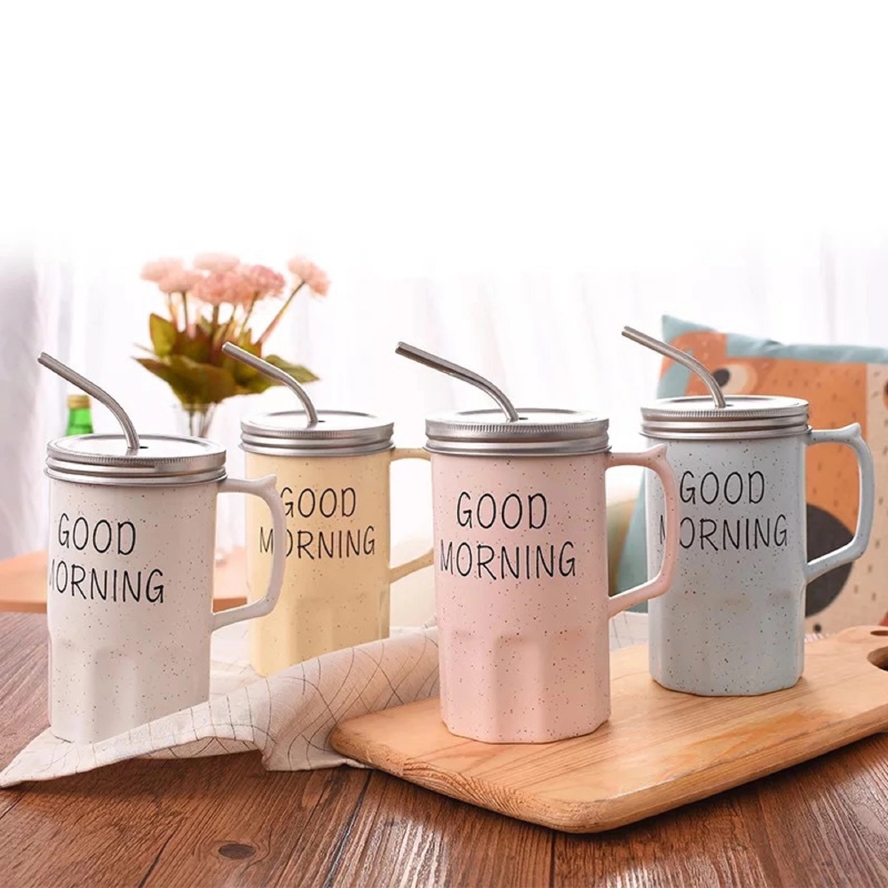 12 OZ Ceramic Coffee Cup with Lid and Straw 4