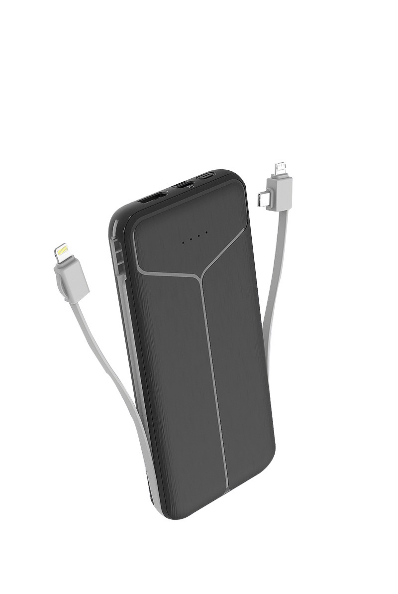 10000 mAh power bank with built-in AC wall plug with Micro, USB, Type-C charging cables 2
