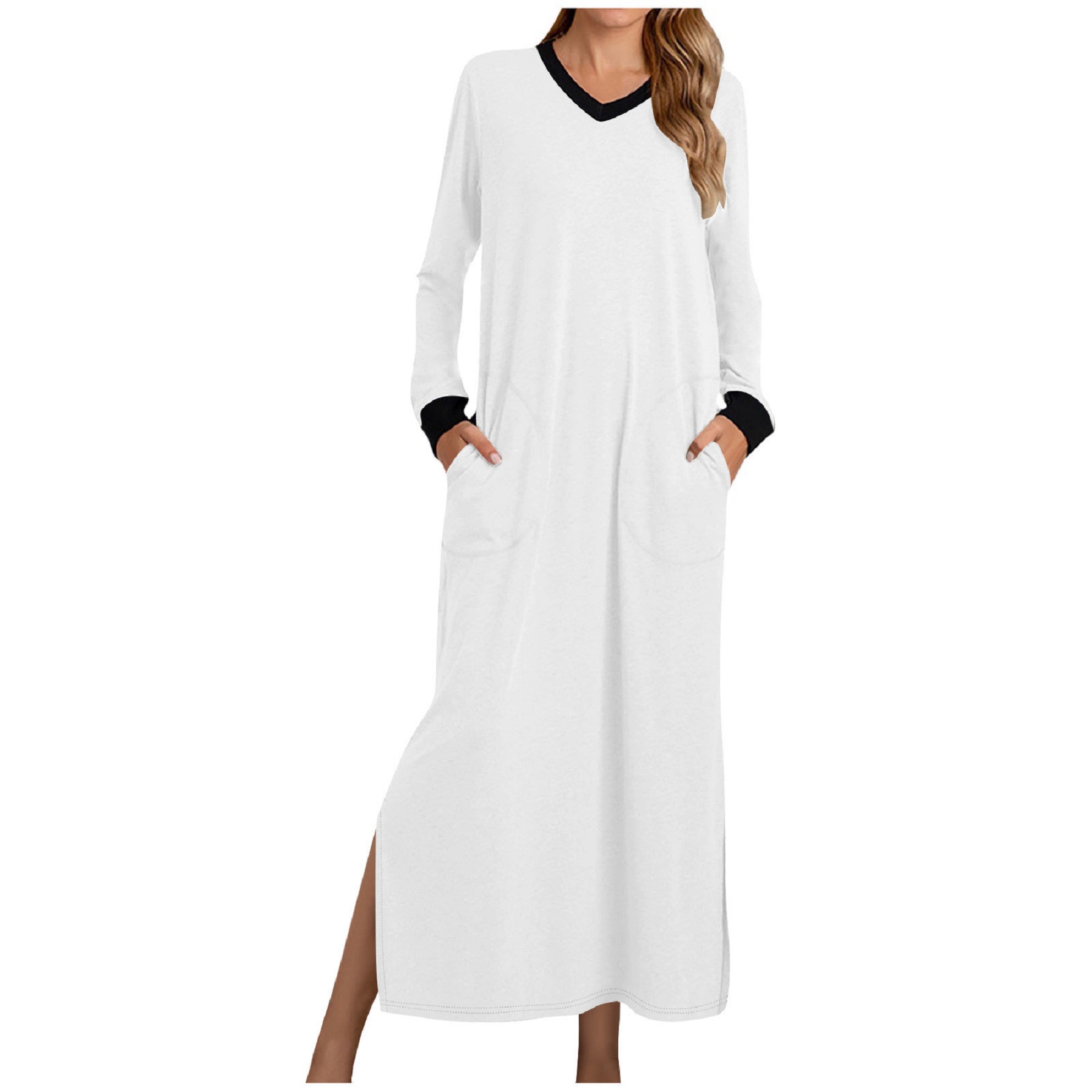 Womens Long Dress V Neck Nightshirts Side Slit 4