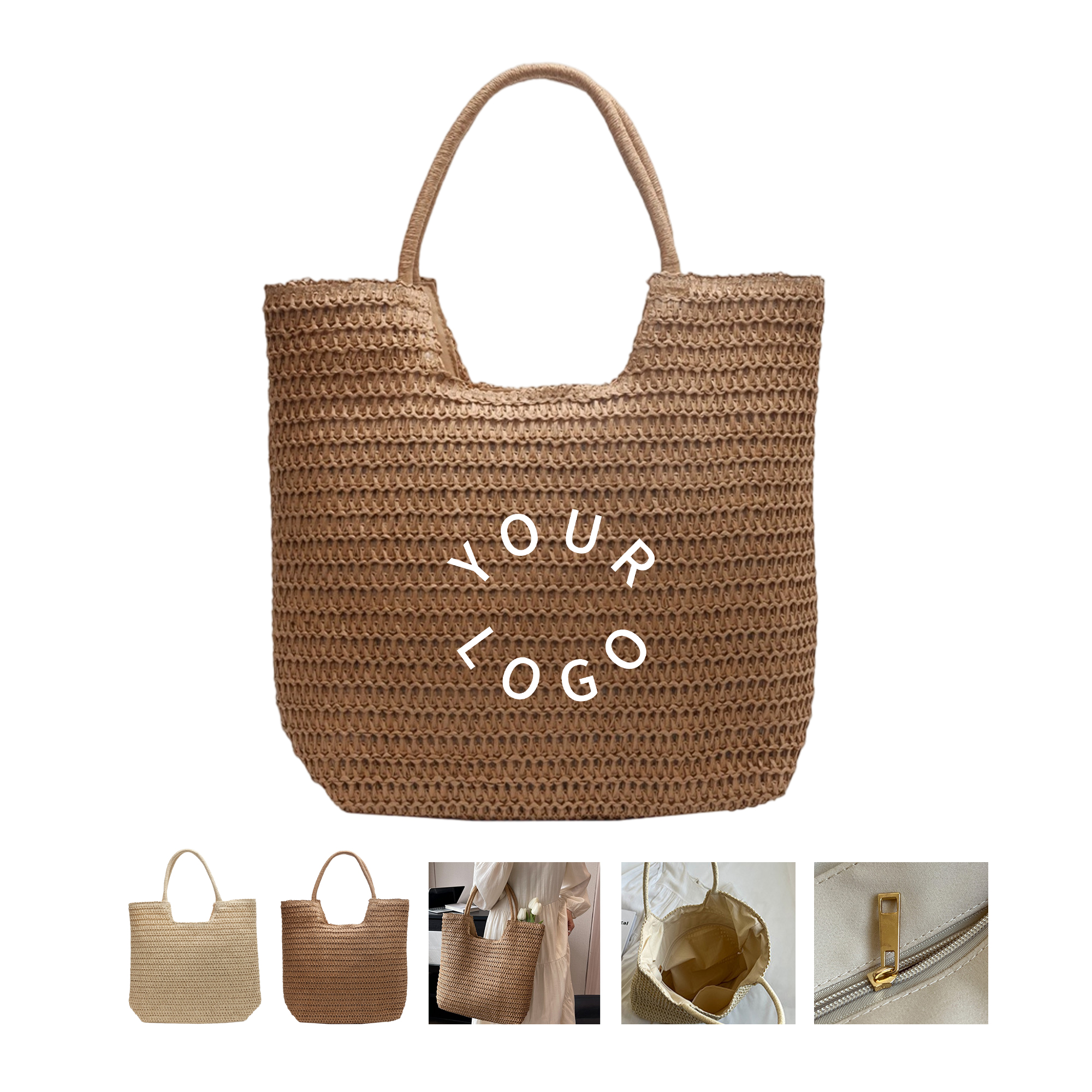 Straw Polyester Beach Tote Bag With Zippered Lining, custom tote bag with logo imprint 3