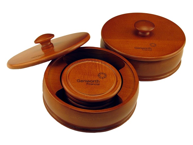 Round Wood Boxed 4 Coaster Set 10