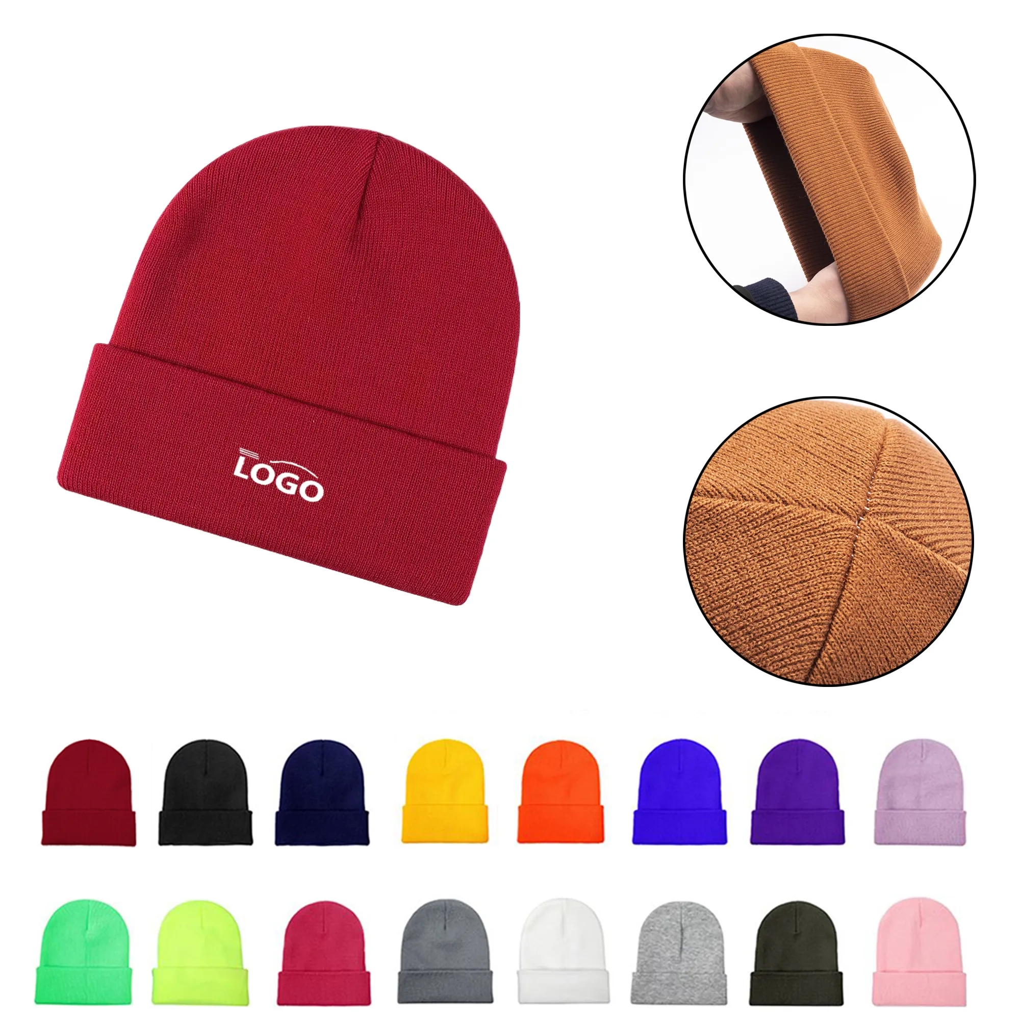 MOQ50 Embroidered Rolled Brim Knitted Beanie Ski Hat 2