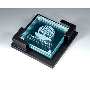 JADE GLASS COASTER IN BLACK WOOD BASE 2