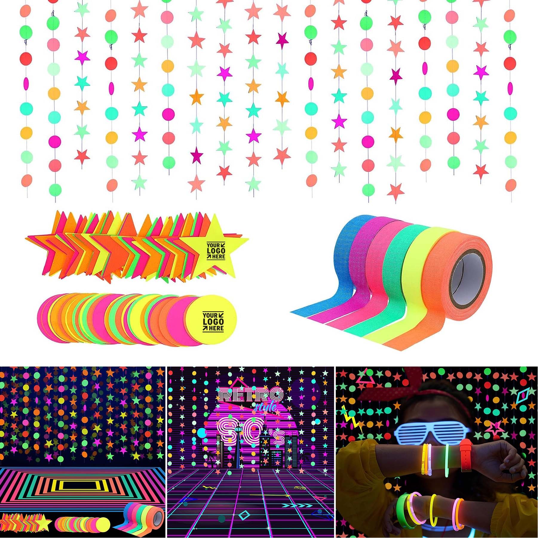 6 Colors 98.4ft UV Blacklight Reactive Tape 29ft Stars Garland 127ft Neon Party Glow Supplies Set 1
