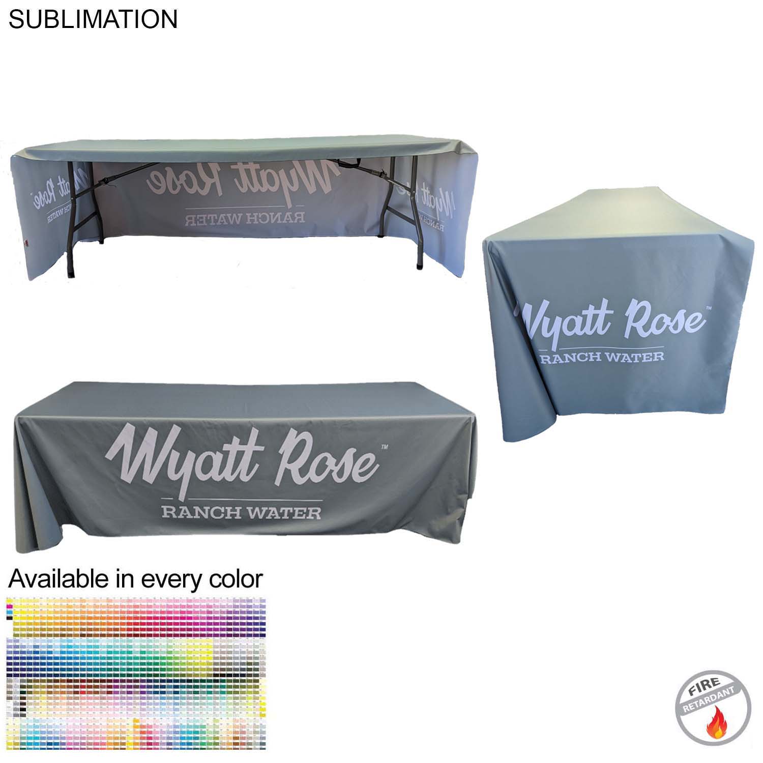 Sublimated PREMIUM Table Cloth for 8' Table, Drape Style, 3 sided, Open Back, Rounded corners 4
