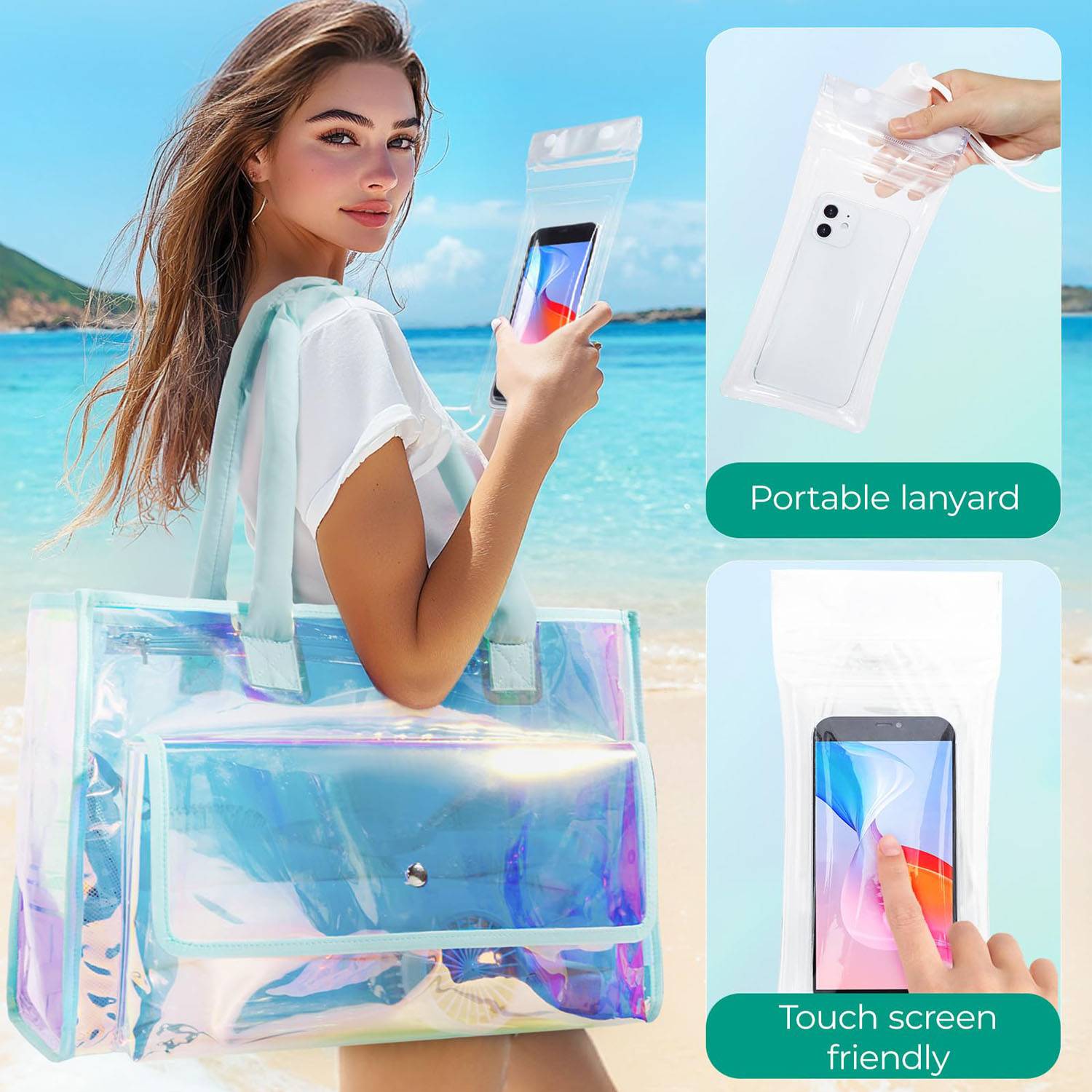 Holographic PVC Waterproof Beach Tote Bag w/ Phone Pouch 5