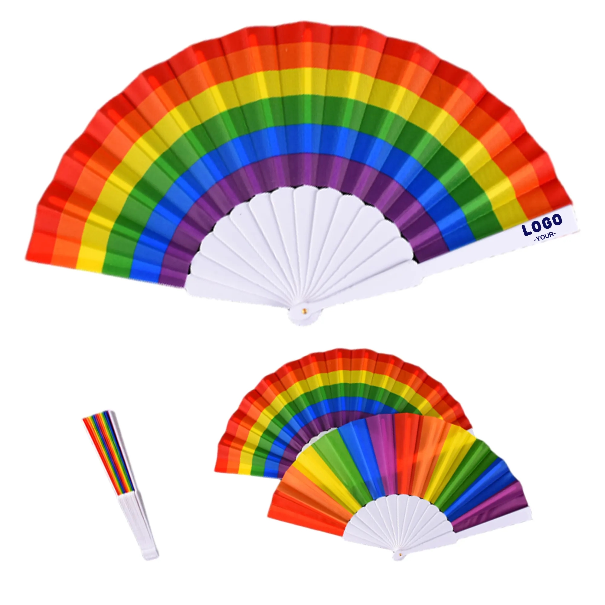 Rainbow Polyester Plastic Folding Handheld Fans 2