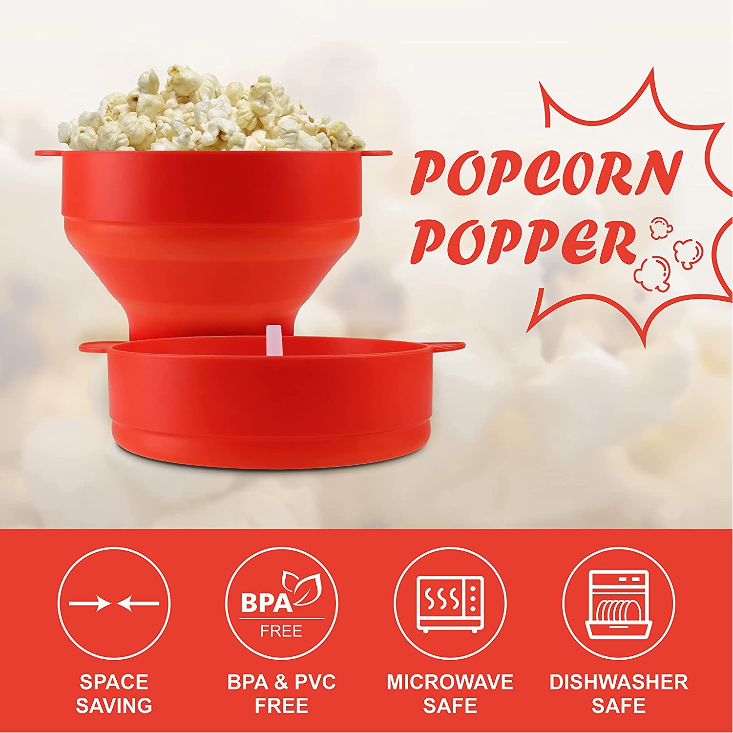 BPA Free Collapsible Silicone Microwave Popcorn Maker Bowl w/ Lid in Air Microwave 6
