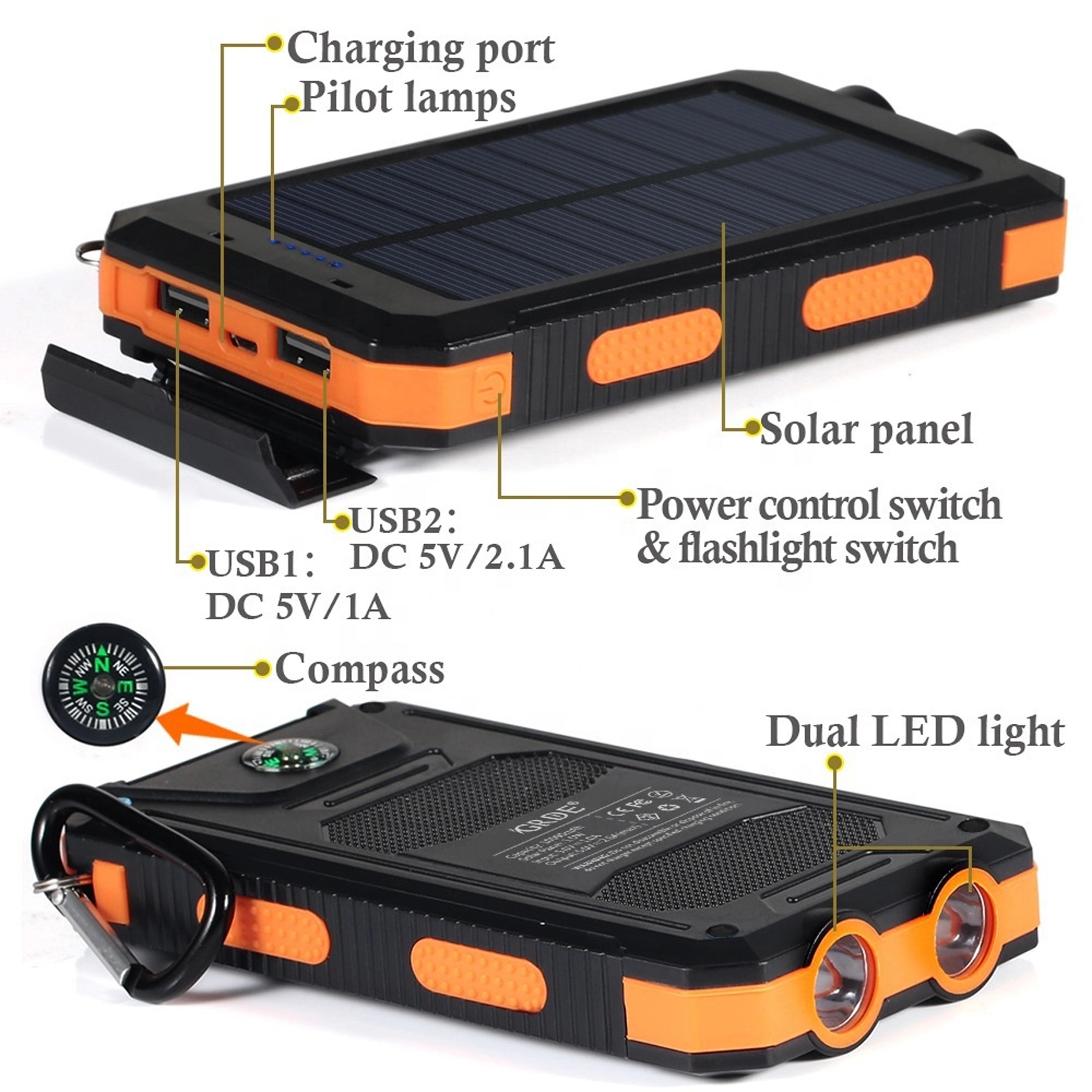 STOCK-Outdoor Solar Power Bank with LED Flashlight & Compass 5
