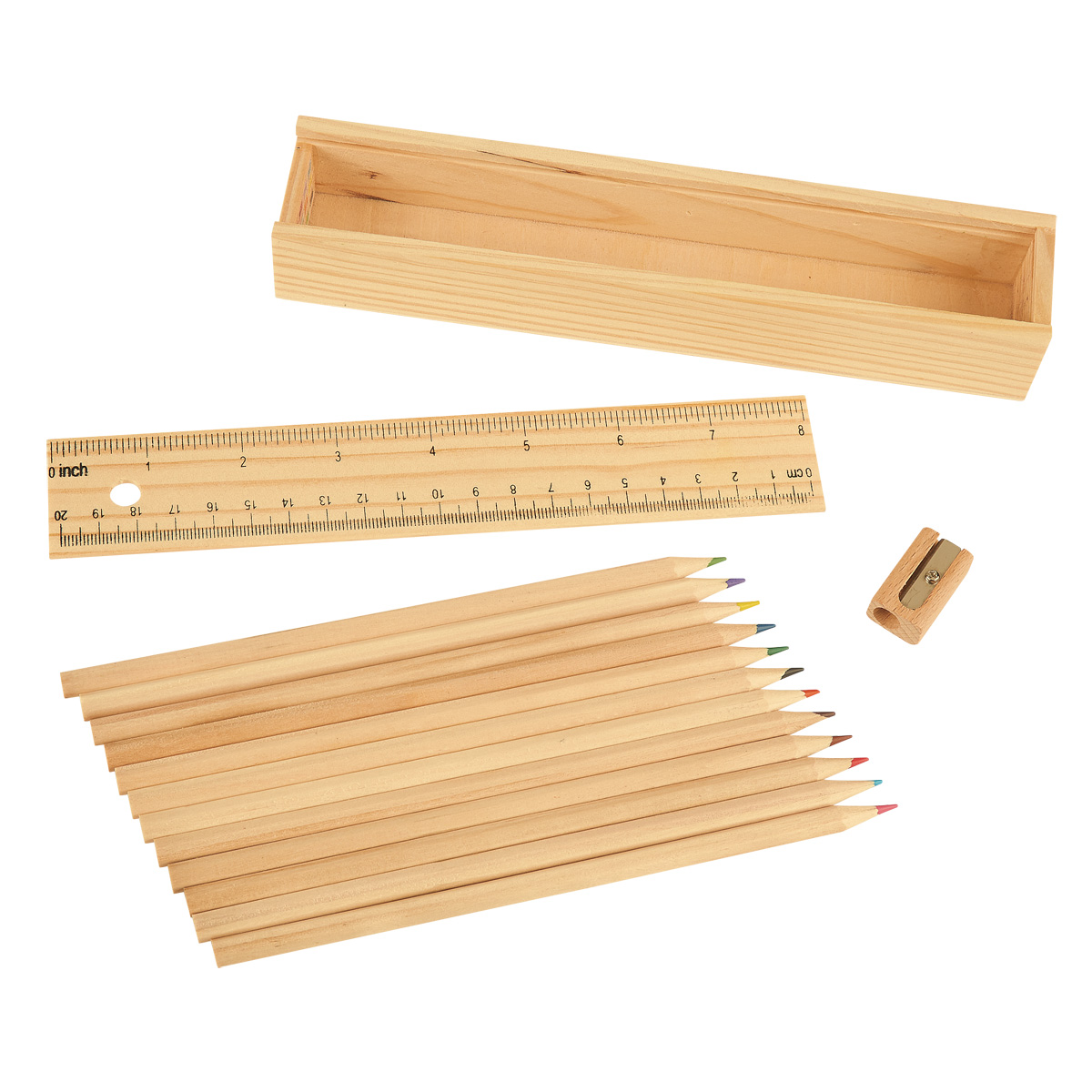 12- Piece Colored Pencil Set In Wooden Ruler Box 2