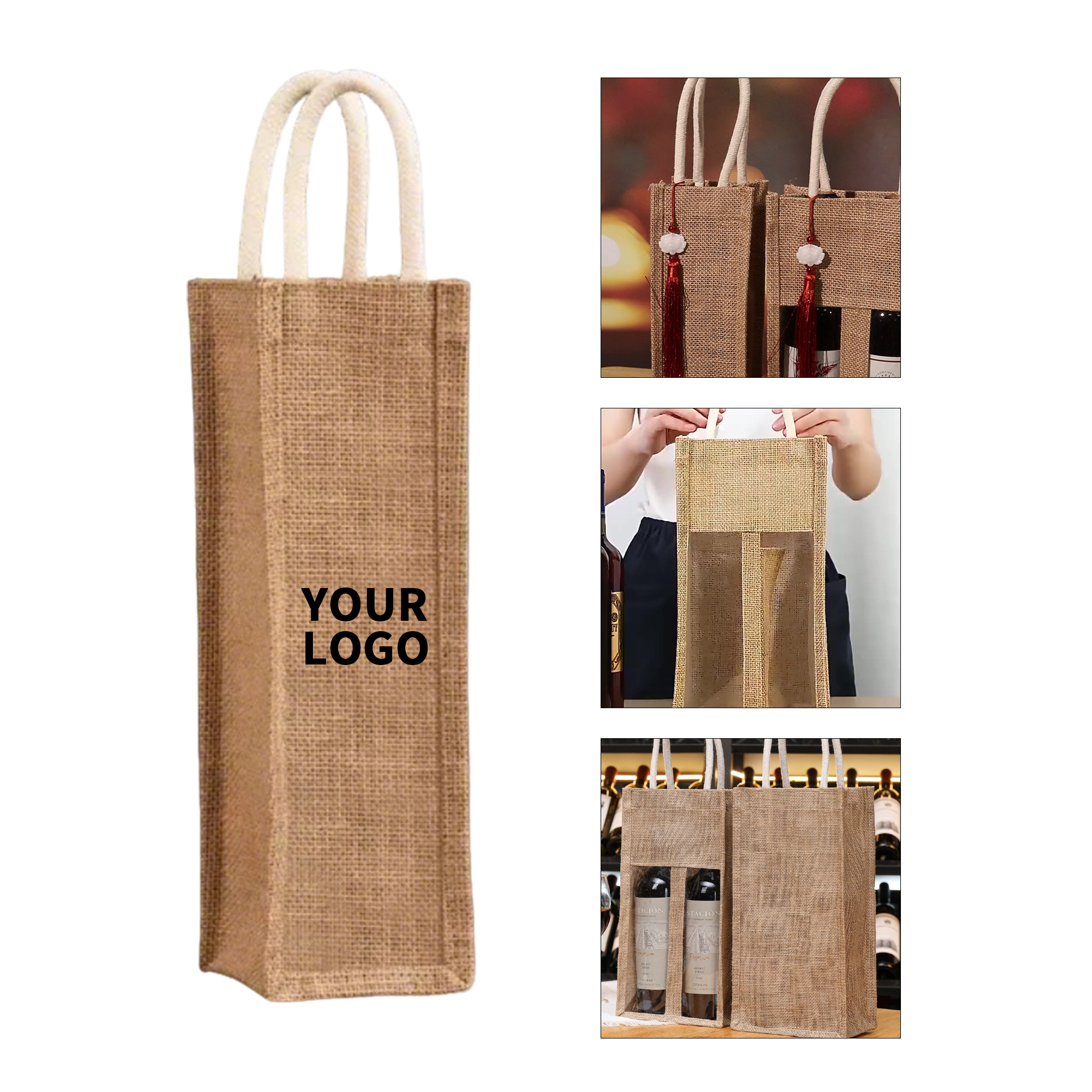 Jute Single Bottle Wine Gift Tote, custom tote bag with logo imprint 2