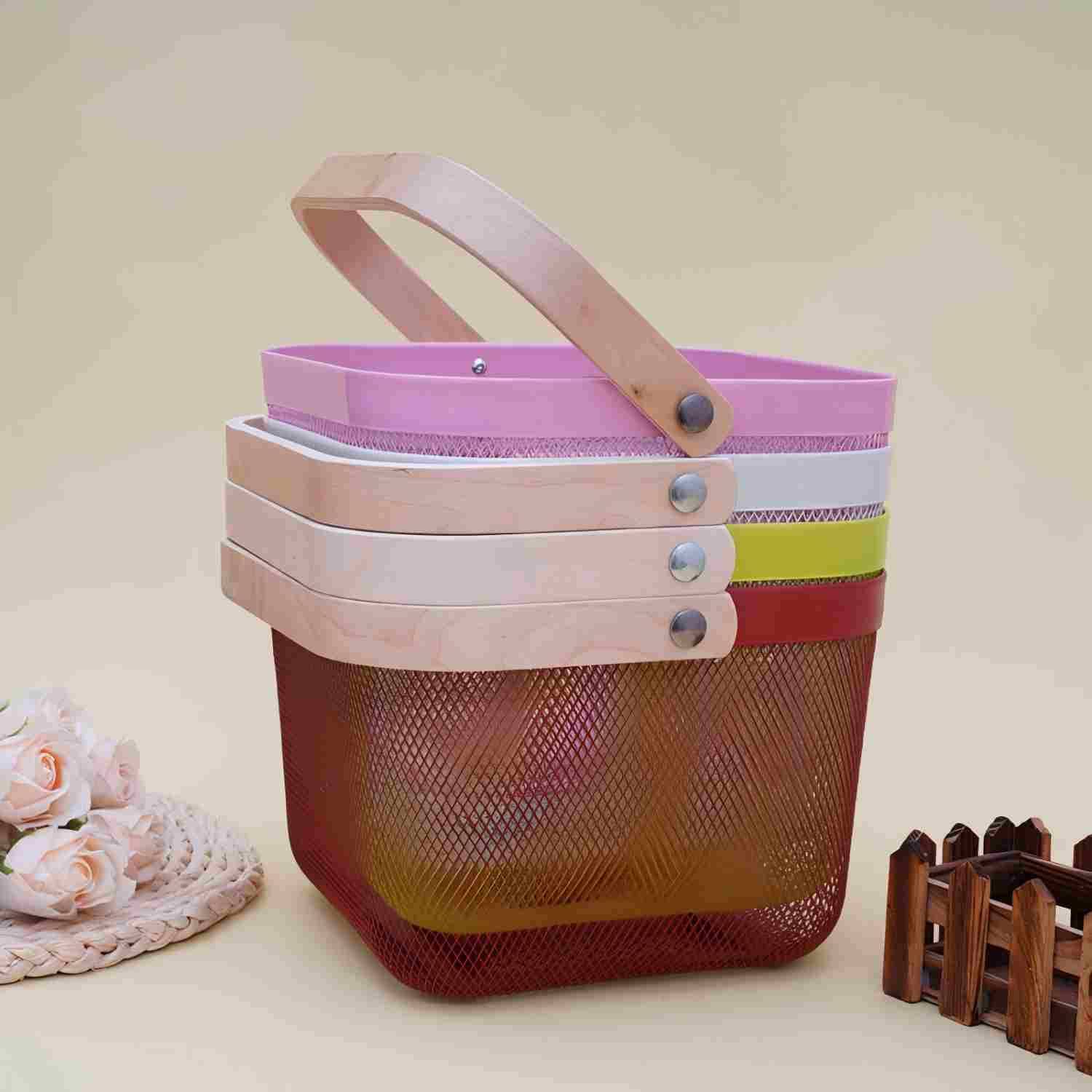 Multi Functional Wooden Handle Mesh Metal Storage Basket 21