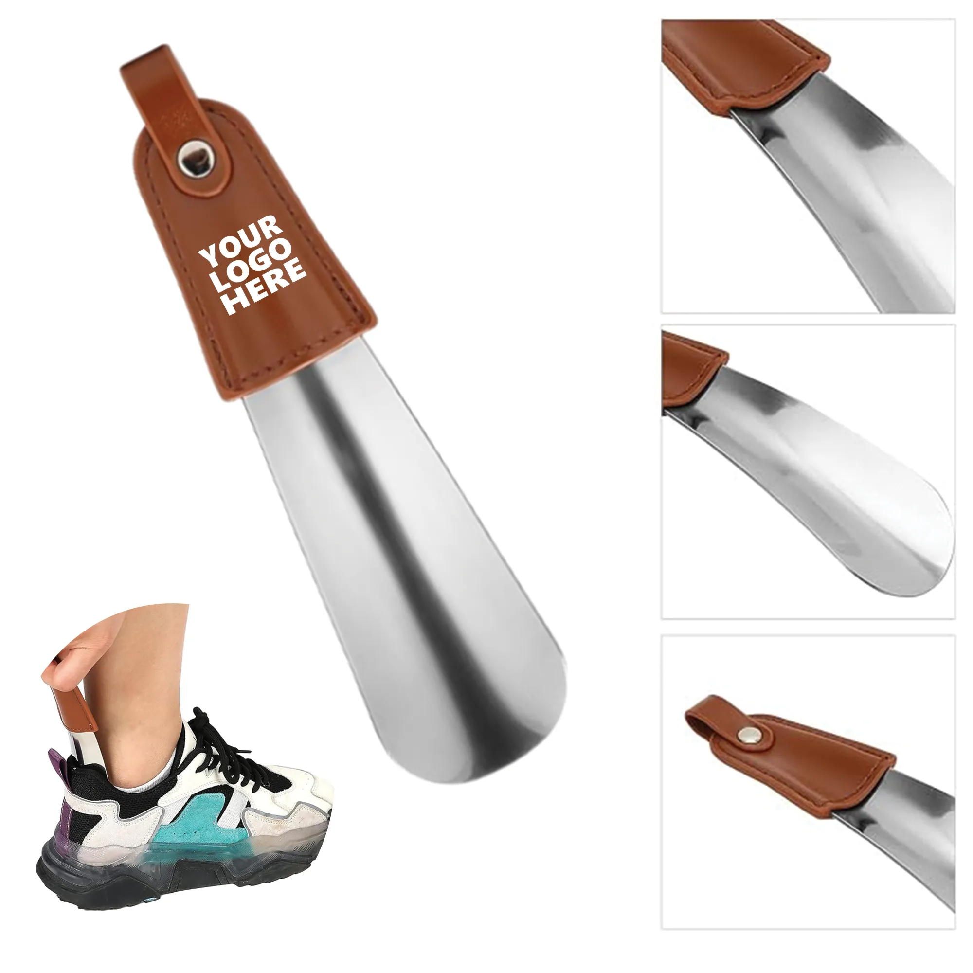 Leather Handle Metal Stainless Steel Shoehorn 1