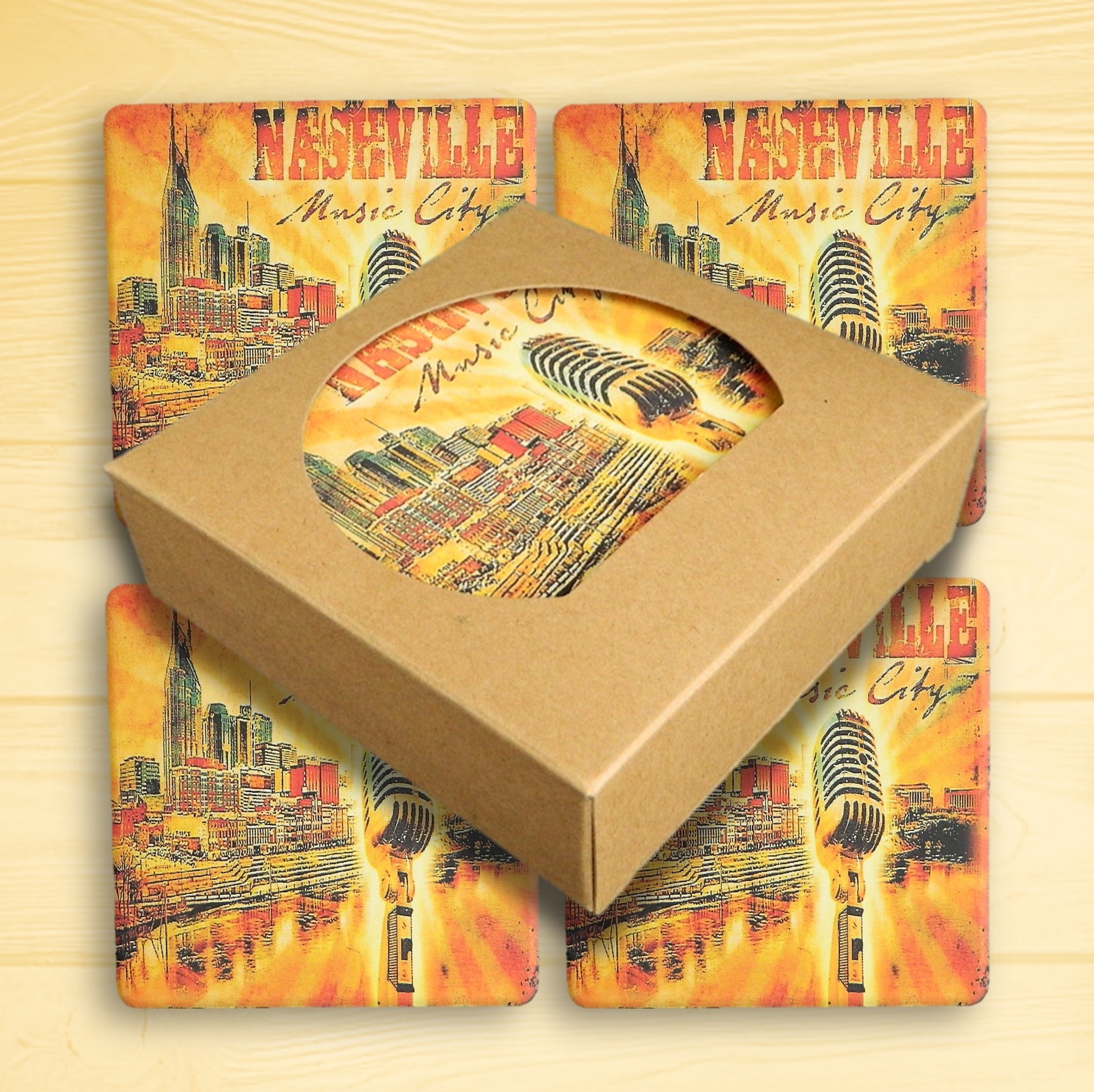 Set of 4 Square Absorbent Stone Coasters in Kraft Window Box - Basic Print 3