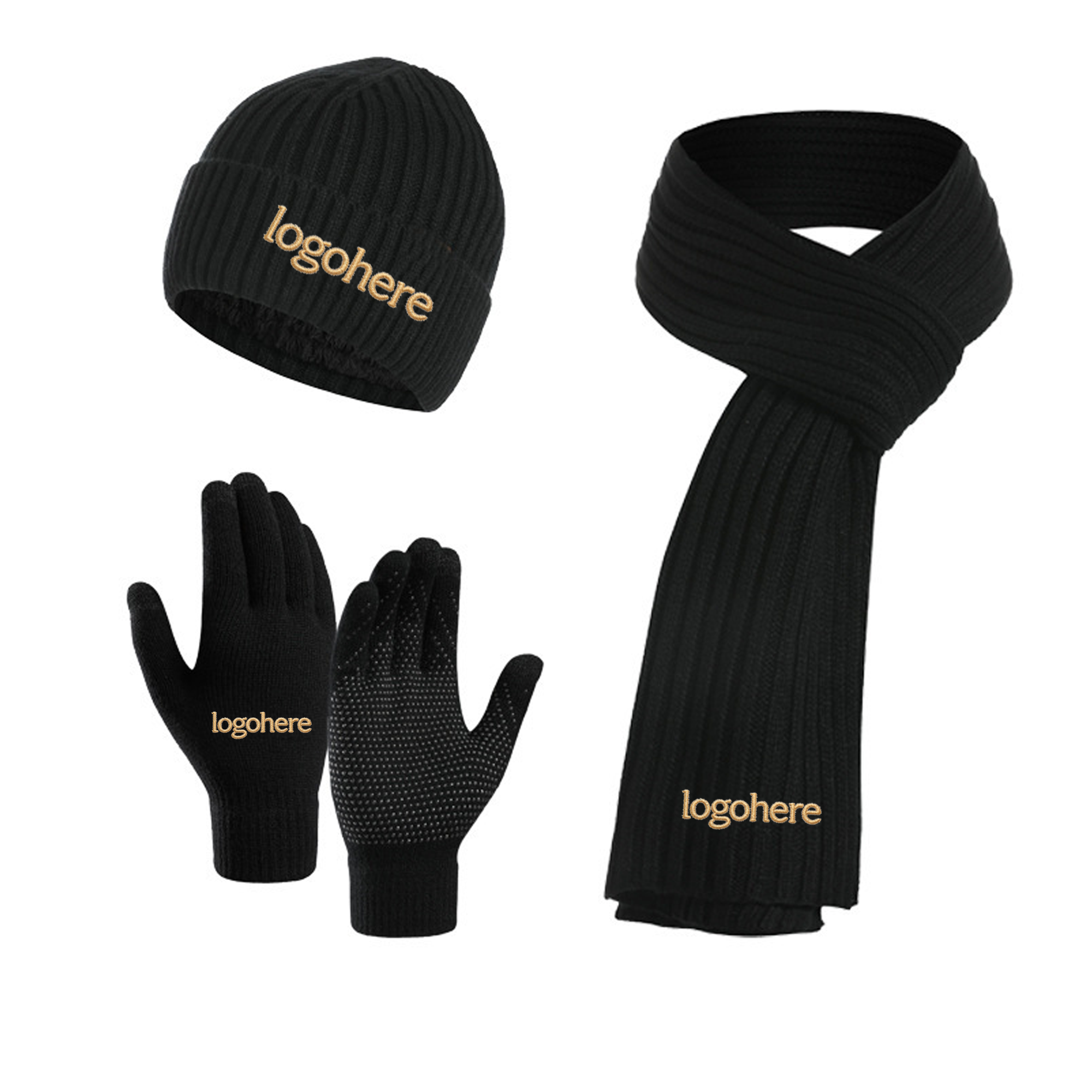 MOQ 10 Embroidered Cold Weather Combo, Beanie Scarf Touch Gloves 5