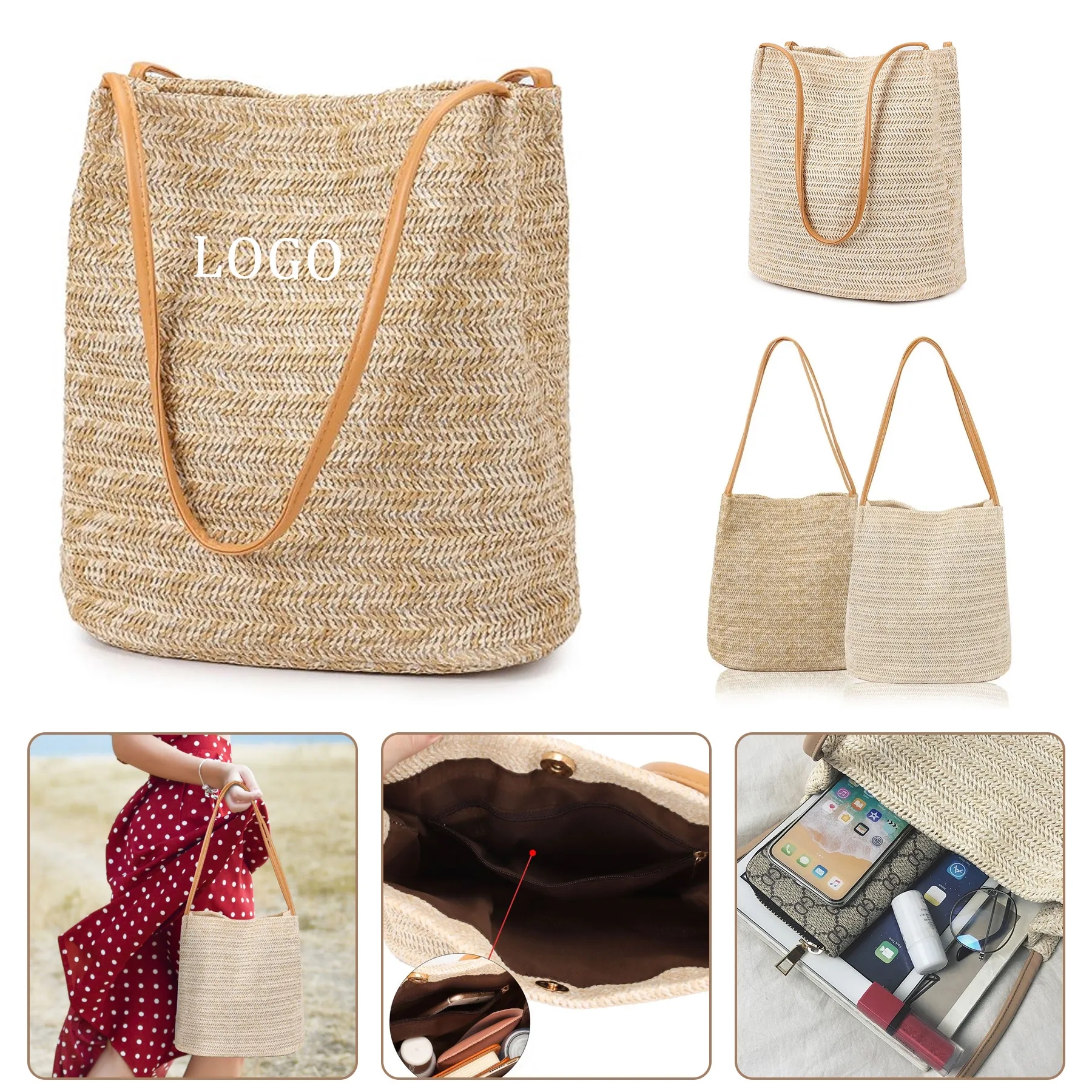 Straw Woven Large Capacity Shoulder Beach Bag, custom tote bag with logo imprint 4