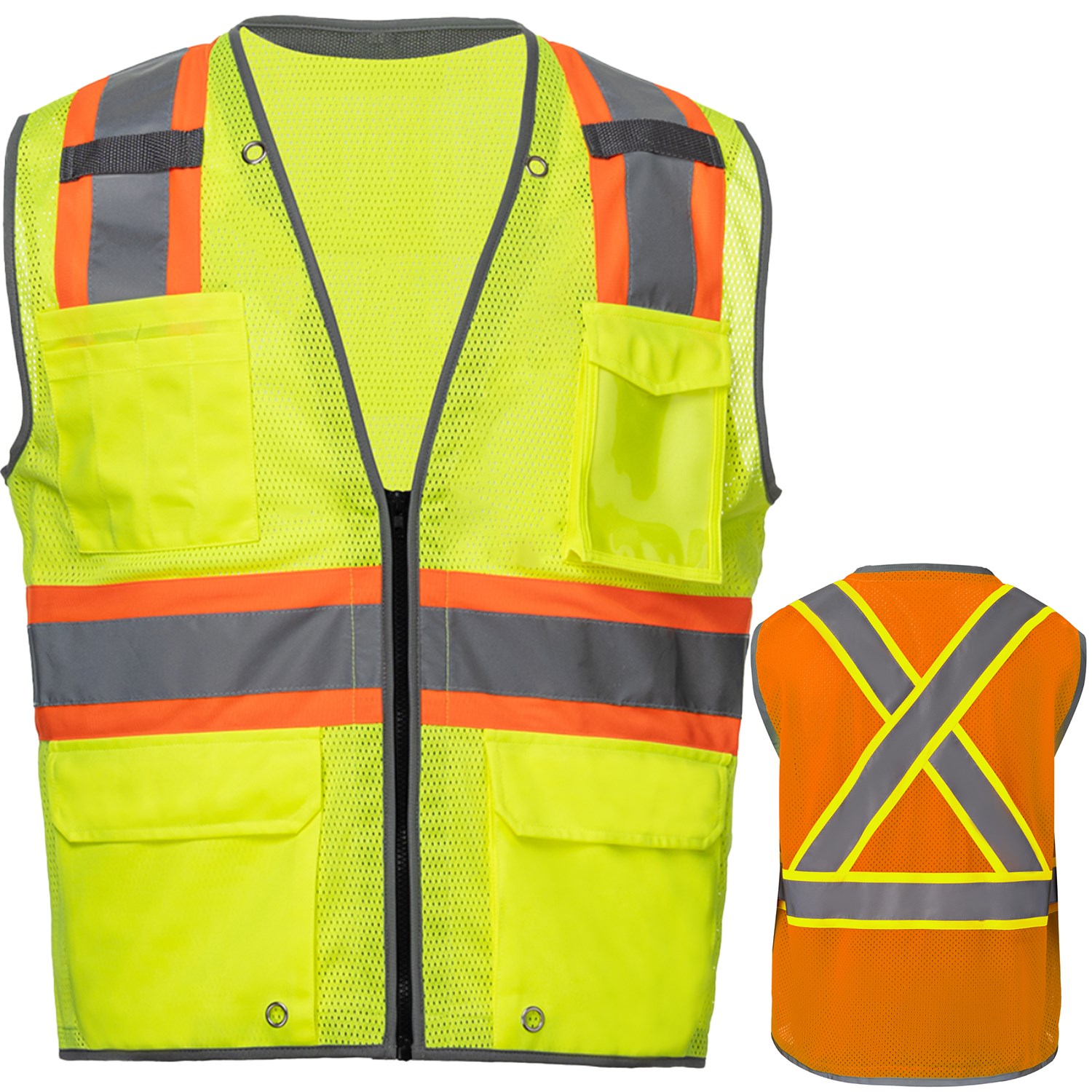 3.8 Oz. Polyester Class 2 Reflective Piping Cross Back Safety Vest With Dual Mic Tab & 4 Pockets 4