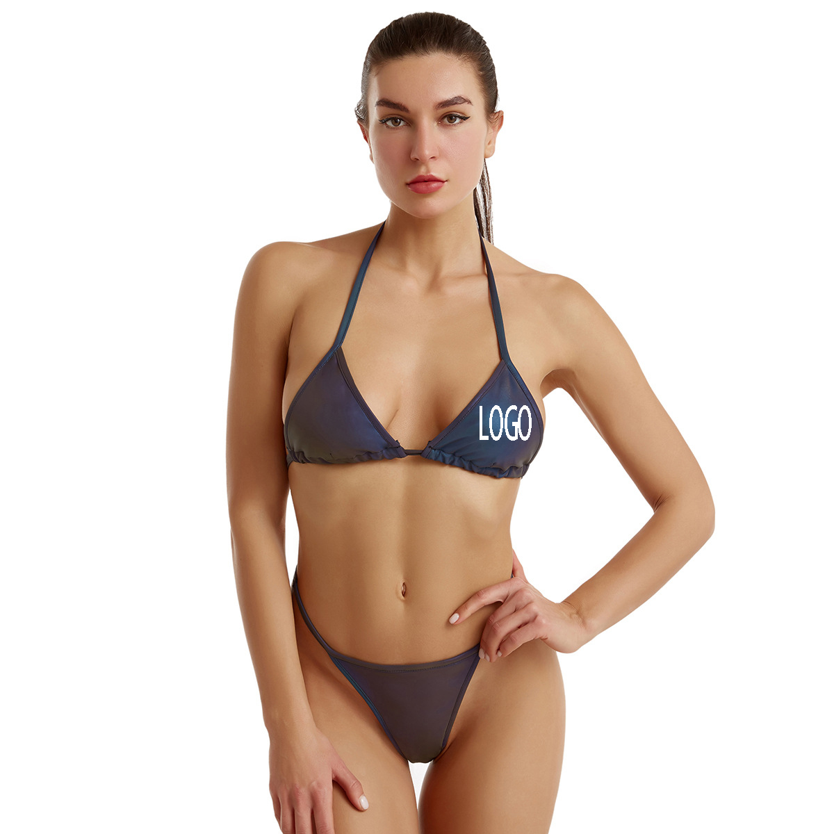 Reflective Silver Sexy Thong Set Bikini Bathing/Luminous Split Suits 2