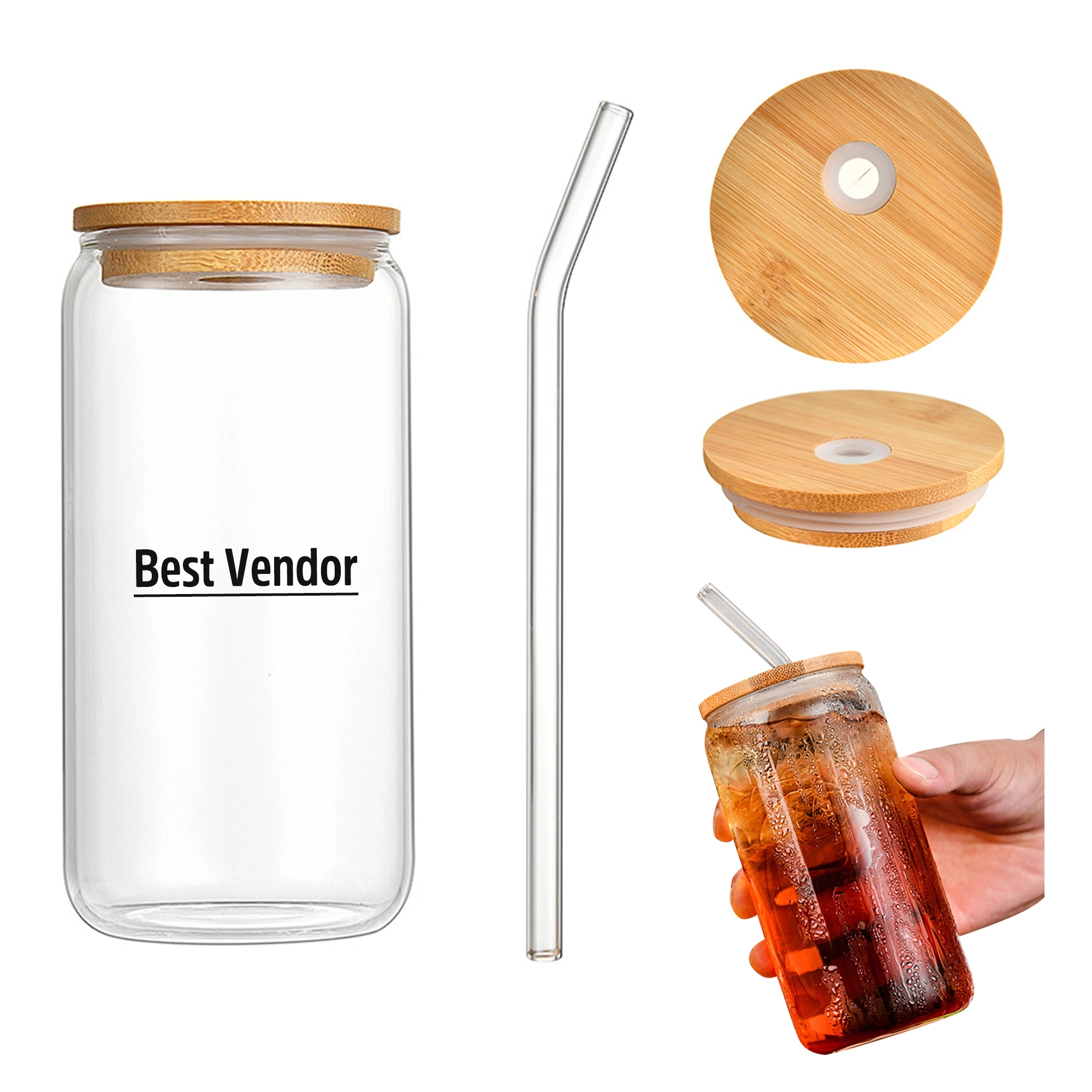 16Oz Pint Glass With Straw & Bamboo Lid 1