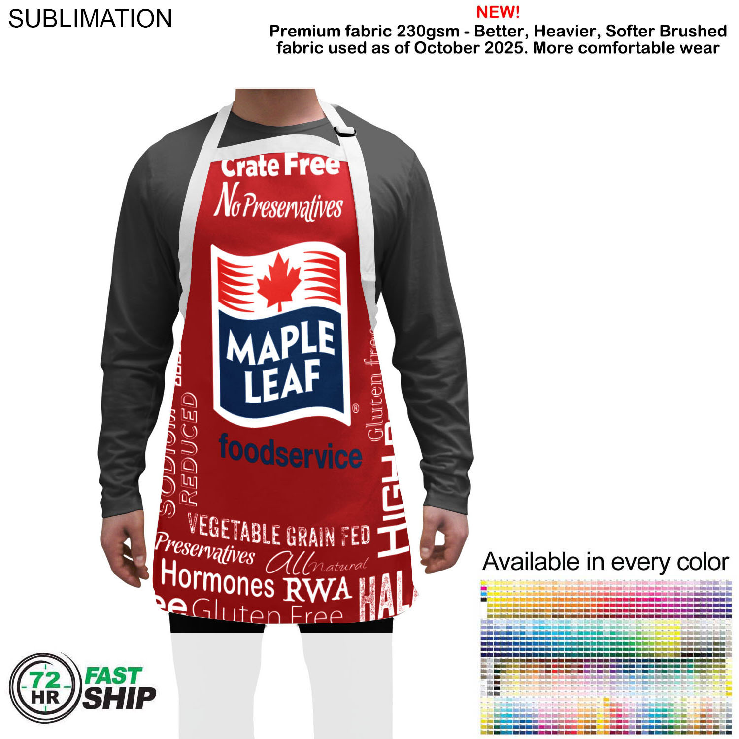 72 Hr Fast Ship - Domestic made Bib Apron, 25x28, No pockets, Adjustable Neck, Sublimated