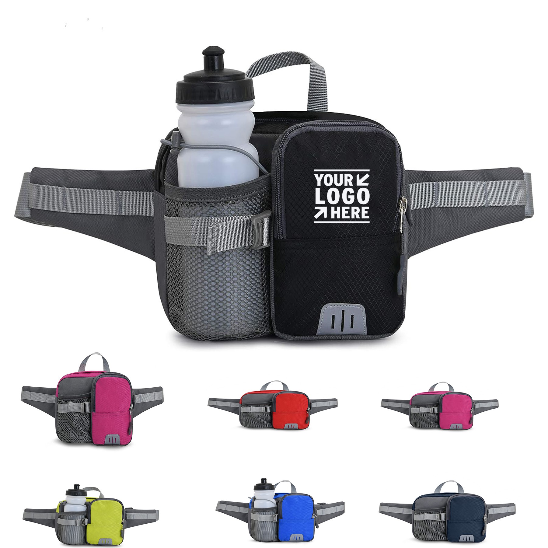 Running Fanny Pack Hiking Waist Belt For 9" Phone With 30oz Water Bottle Holder Reflective Strip 3