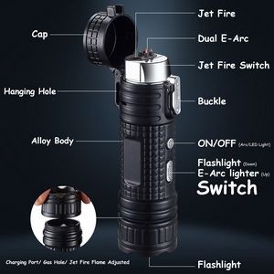 Alloy 4 In 1 Lighter With Flashlight Dual Electric Arc Jet Fire 2