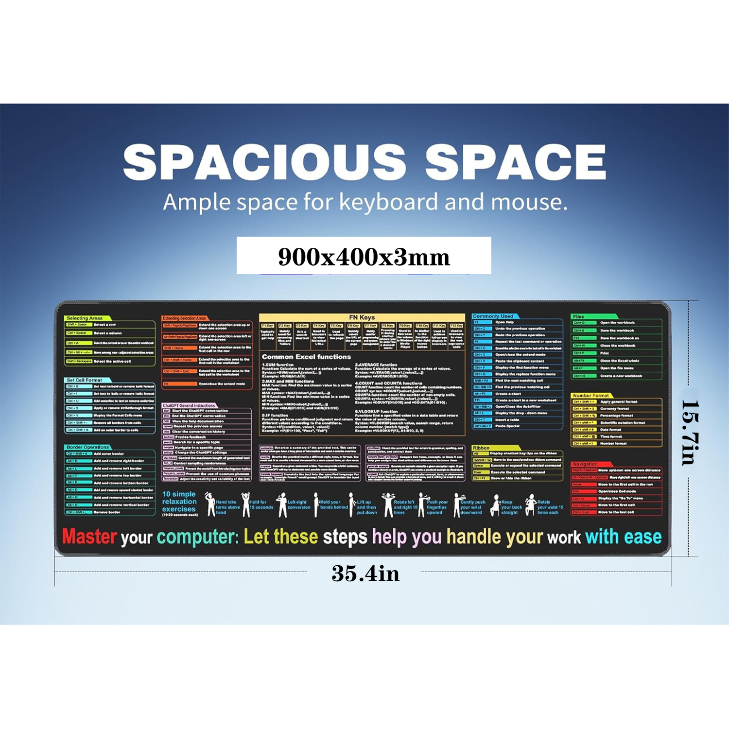 Large Dirt-Resistant Non-Slip Excel Shortcut Mouse Pad 5