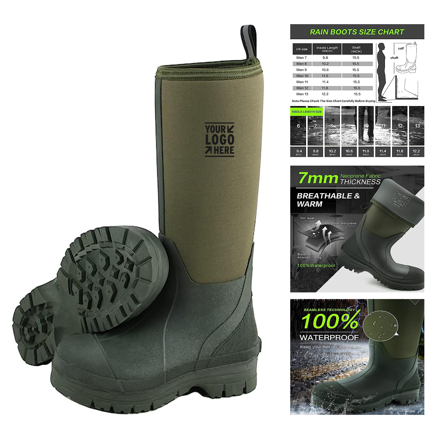 7 mm Neoprene Insulated Rain Boots with Steel Shank