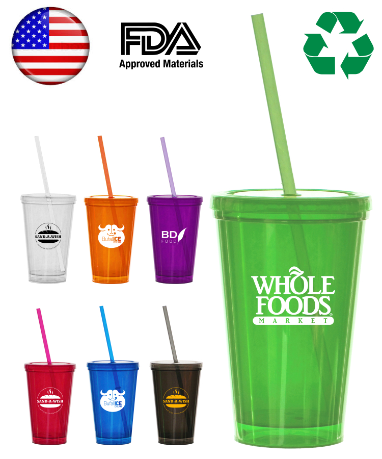 16 Oz. Double Wall Tumbler Travel Cup w/Straw - USA Made 2