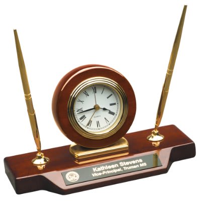 9" x 4 3/4" Piano Finish Desk Clock on Base with 2 Pens 2