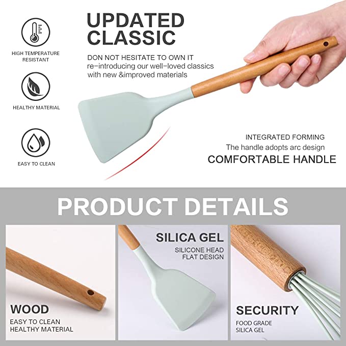 12 Pcs Non-stick Silicone Cooking Kitchen Utensils Spatula Set w/ Holder Wooden Handles 5
