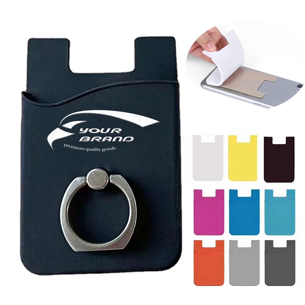 With Ring Stand Stick On Cell Phone Slim Leather Wallet 2