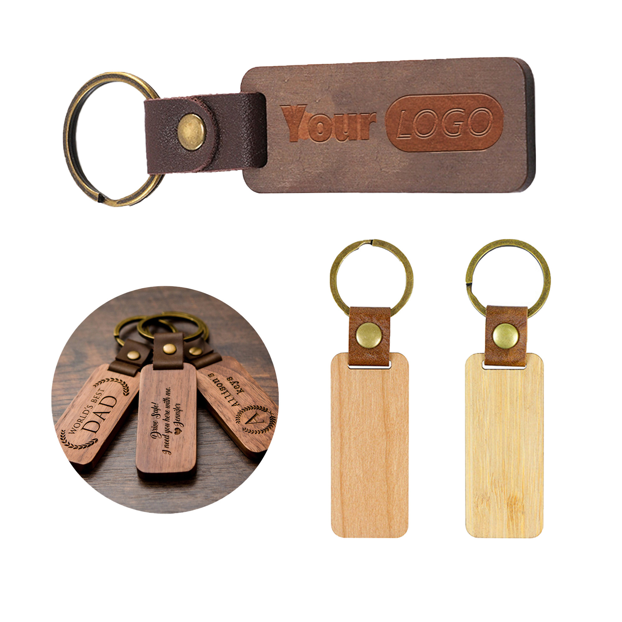 Custom Engraved Wooden Keychain with Leather Strap 1