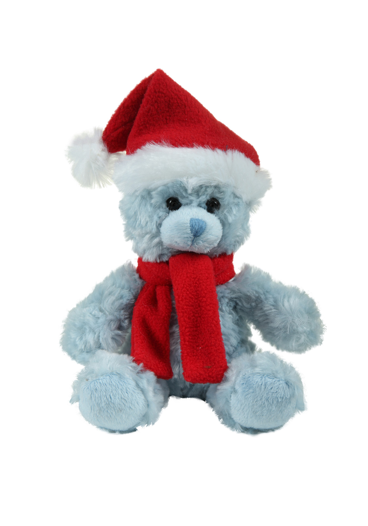 soft plush Blue Curly Sitting Bear with Christmas scarf &hat 2