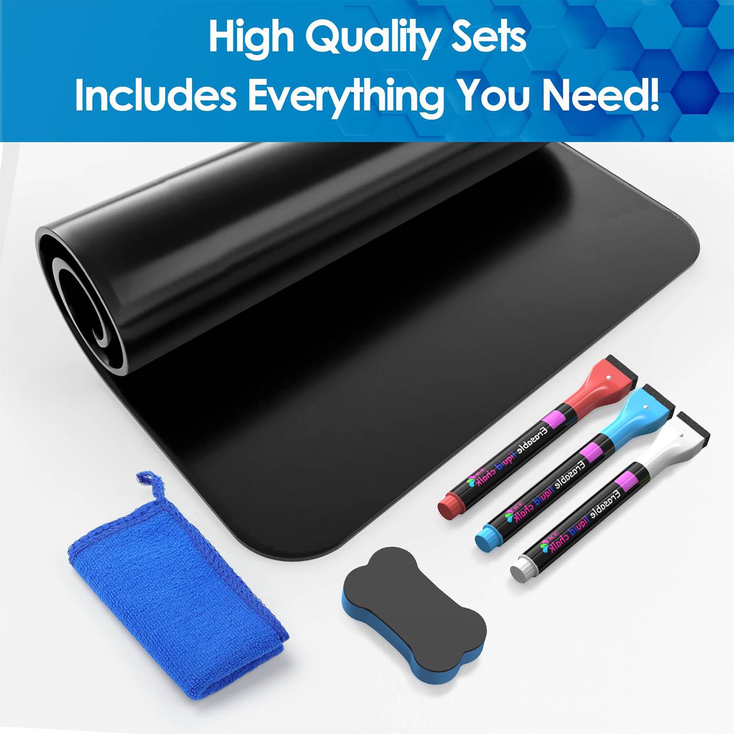 Magnetic Black Dry Erase Board Sheet w/ 3 Markers 8