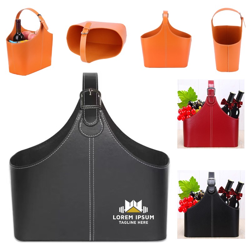 Leather Storage Organizer Gift Basket with Top Handle for Wine, custom tote bag with logo imprint 2