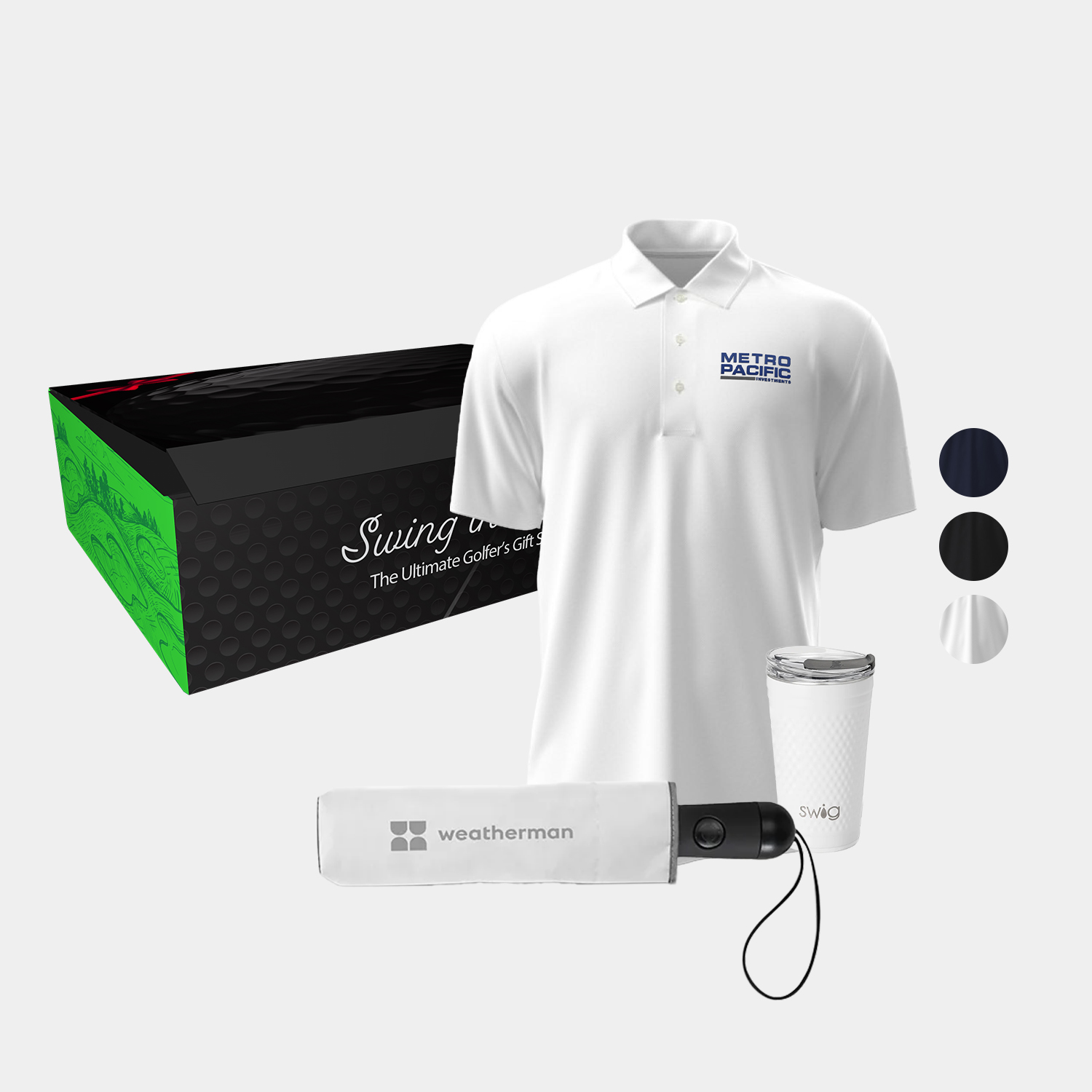 20 oz SWIG® Golf Flip & Sip SS Water Bottle, PGA TOUR® Men's Golf Polo & Weatherman® Umbrella Gift Set 9