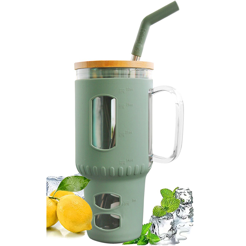 32 Oz. Glass Water Tumbler with Bamboo Lid & Straw 12
