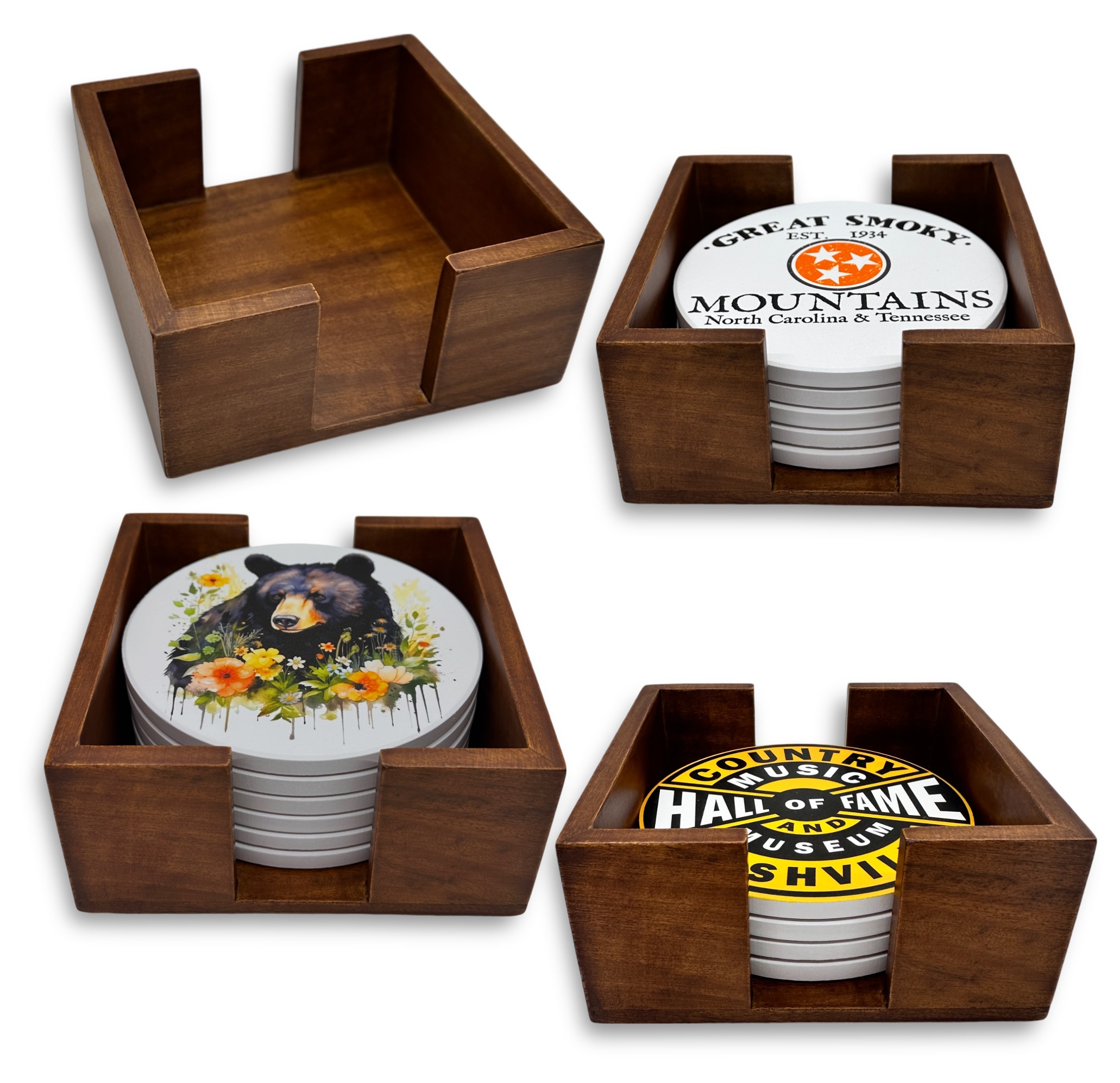 Walnut Finish Wooden 6 Coaster Holder Sets 4