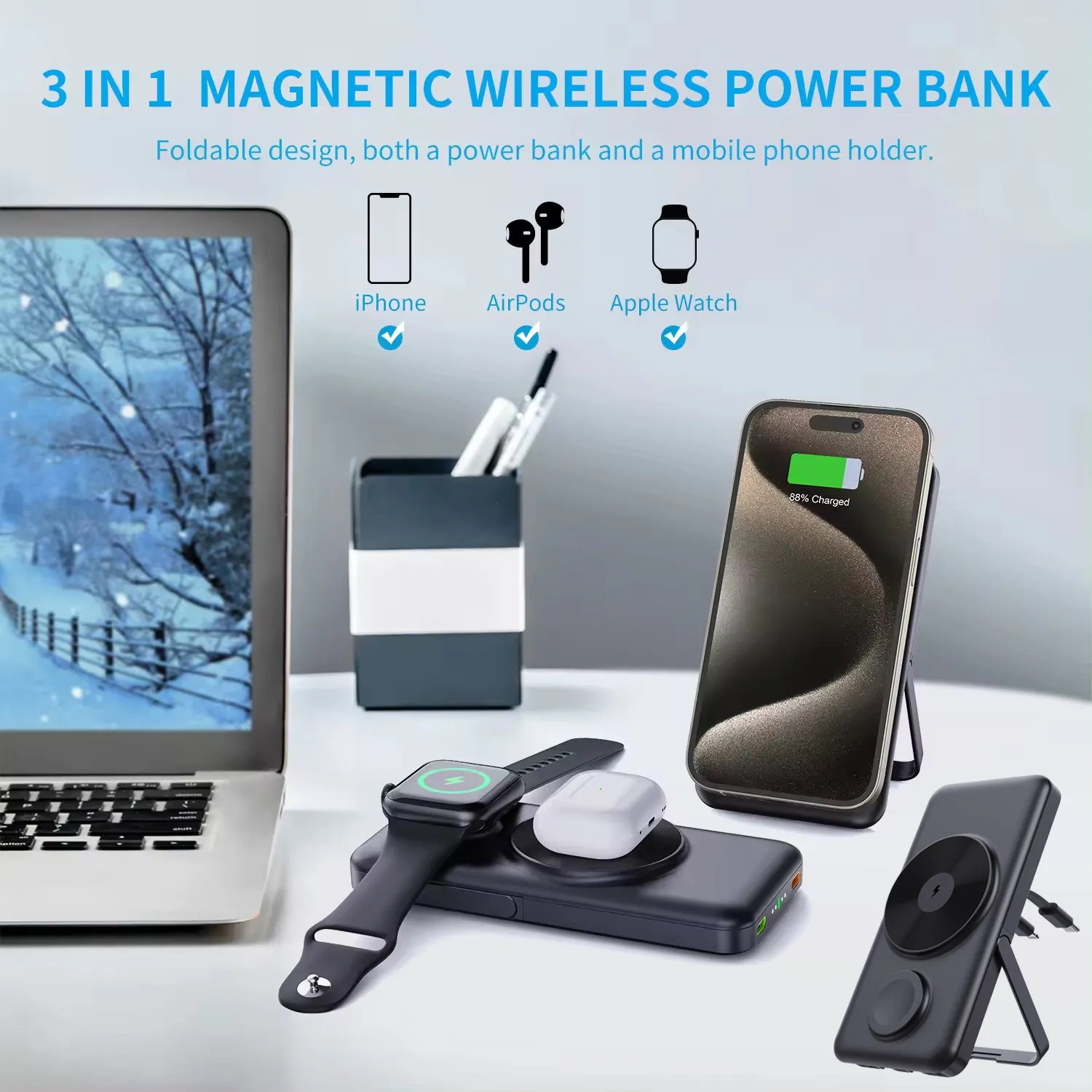 5 in 1 Wireless Magsafe Power Bank with Cable and Stand 2