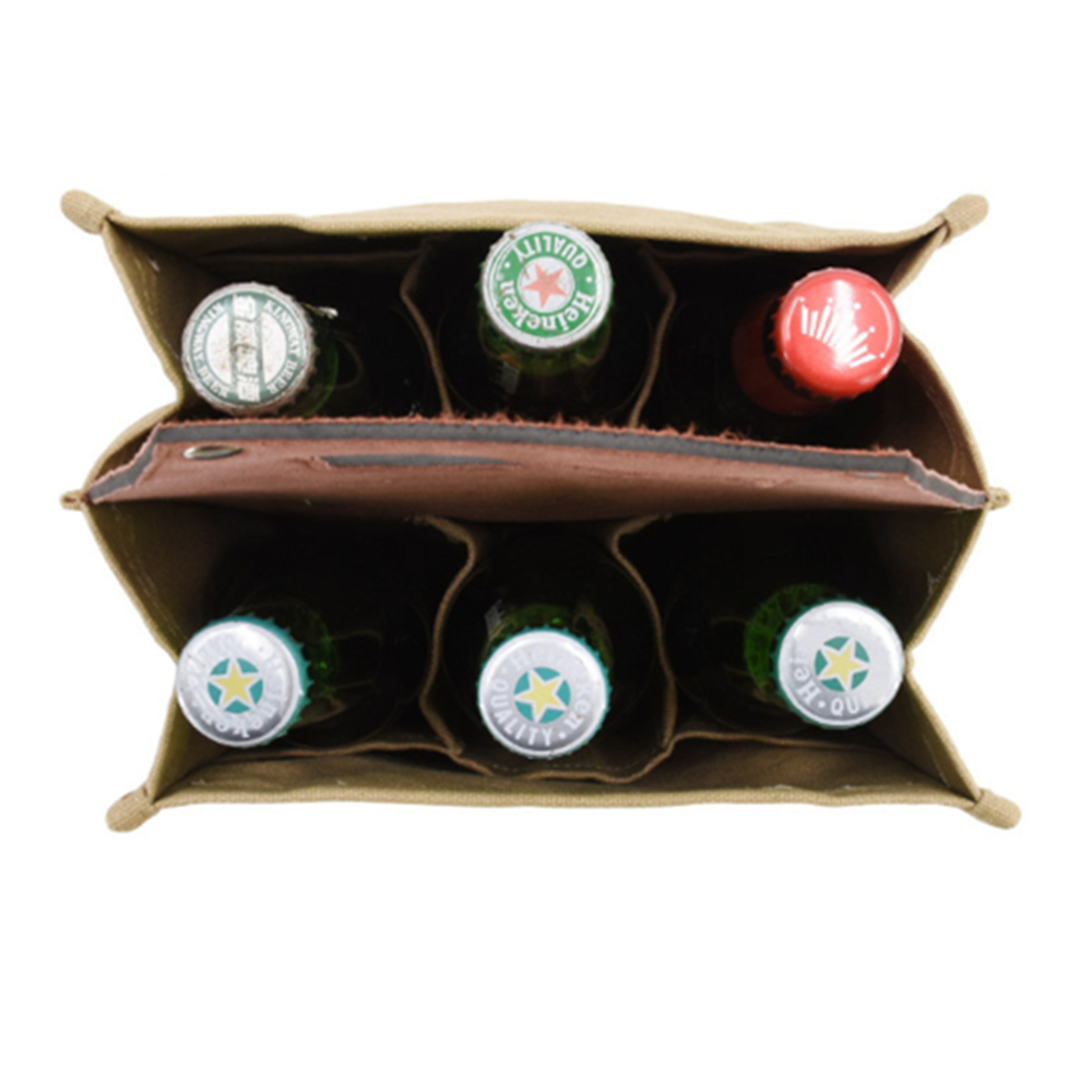 6 Pack Canvas Bottle Cooler w/Leather Handle 5