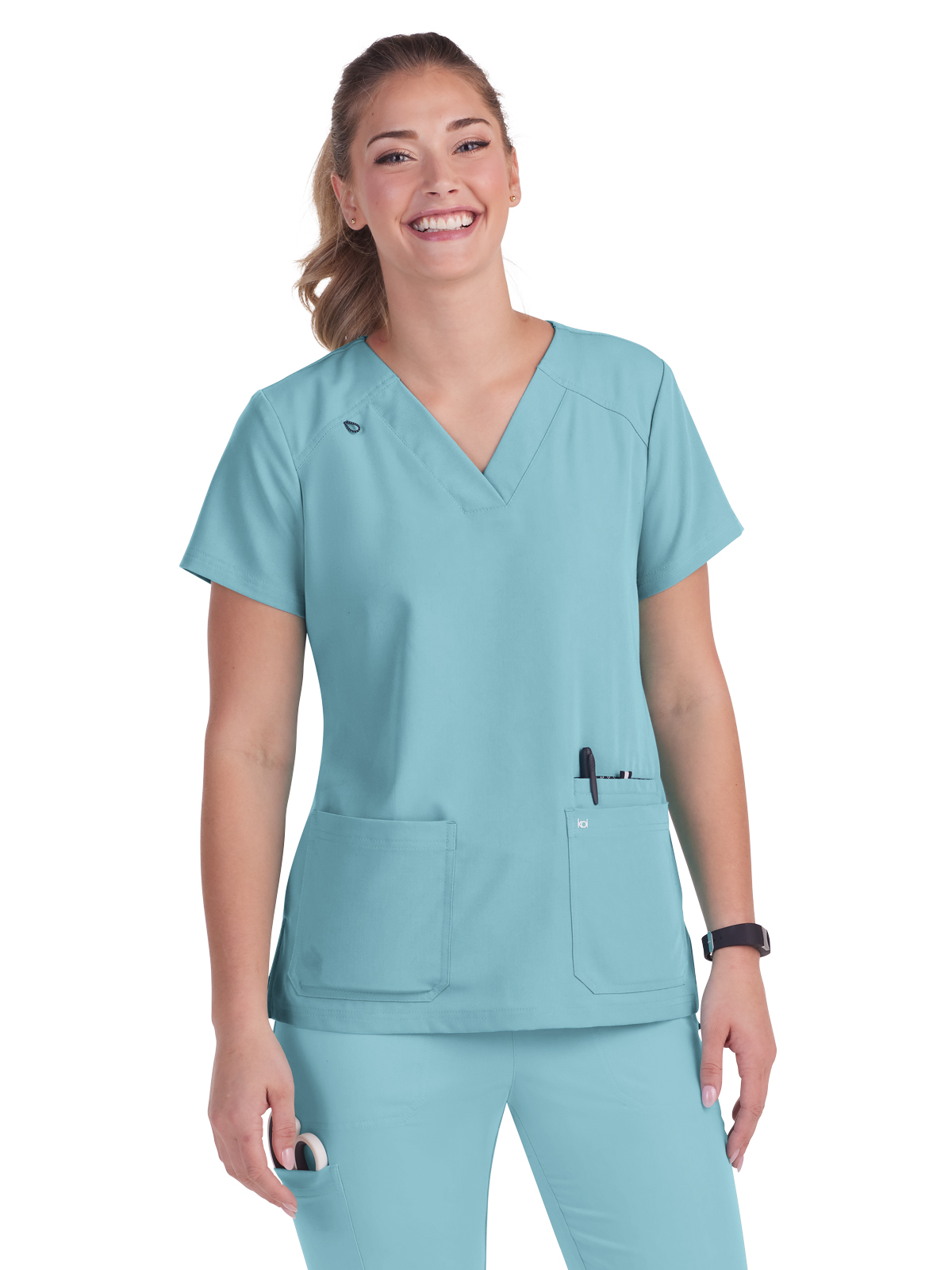 koi - Next Gen - Women's Three-Pocket Wide V-Neck Stretch Hustle and Heart Top 2