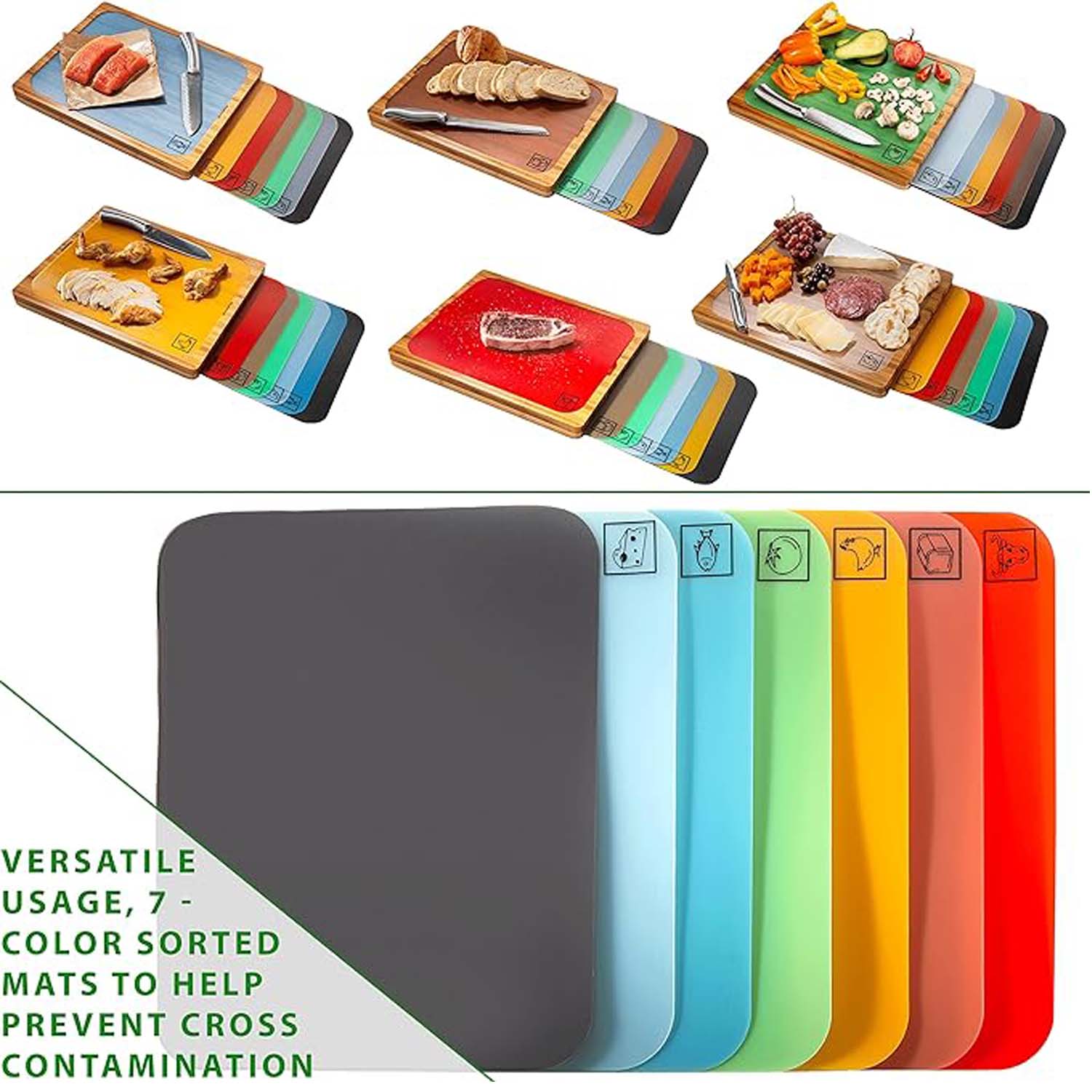 Wood Cutting Board with 6 Color Mats 7