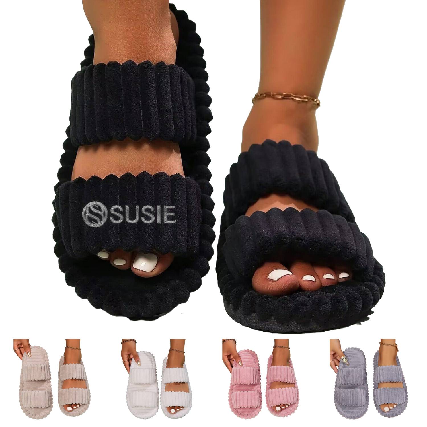 Women's Plush Open-Toe Anti-Skid Double Strap Cotton Slipper
